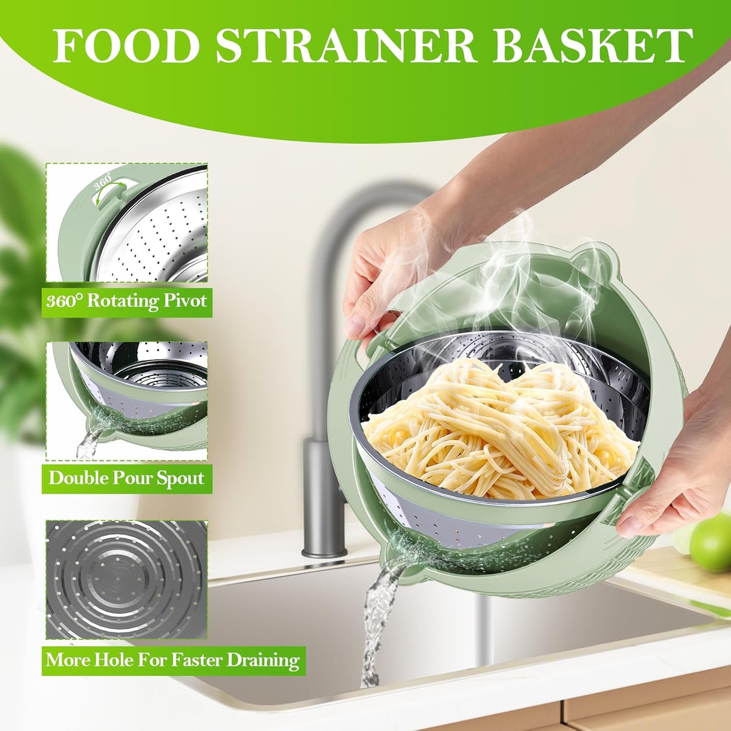 Over the Sink Colander, Expandable Strainers and Colanders with Fine Mesh, Colander for Kitchen with Rubber Grip for Draining Pasta, Vegetables and Fruits - Essential Kitchen Sink Strainer