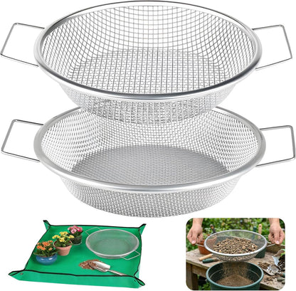 2PCS Soil Sifter for Gardening with Handle,Stainless Steel Rock Compost Soil Sifter for 5 Gallon Bucket,1/4in,1/8in Mesh Garden Sifting Screen Gravel Sawdust Vermicompost with Repotting Mat