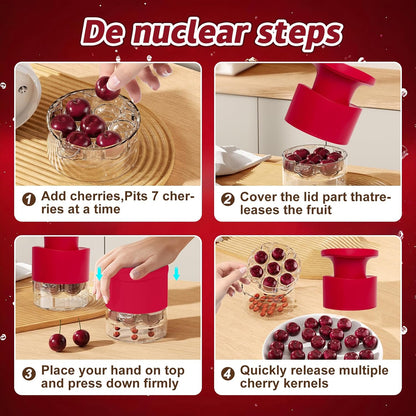 Cherry Pitter Multiple, Quick Release Multi Cherries Stoner Pitter 7-in-1, Push Button Cherr'y Core Pit'ter Tool with Splatter Protector, Pit Seed Remover for Making Jam Cherry Dishes