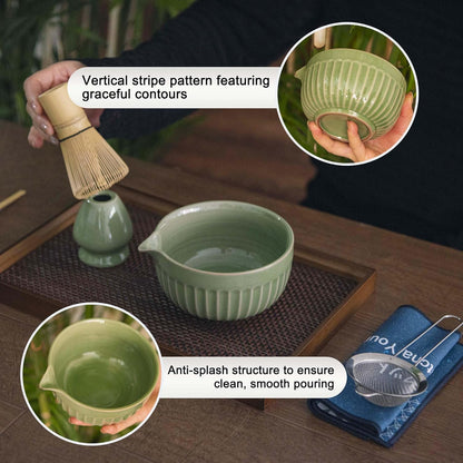 7pcs Matcha Whisk Set with 18oz Spout Bowl, Japanese Tea Ceremony Kit, Natural Bamboo Whisk Scoop, Ceramic Holder Sifter Towel, Best Gift for Beginners and Matcha Lovers