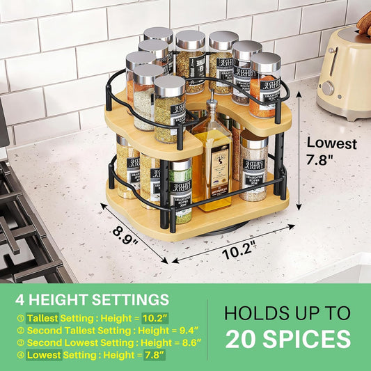 Lazy Susan Organizer Spice Rack - Spice Organization for Cabinet Height Adjustable Rotating Lazy Turntable, Pantry Kitchen Wood Revolving Seasoning Organizer (Vintage, 12 Inch)