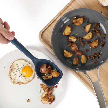 Calphalon Prime 7 Piece Silicone and Teak Wood Kitchen Tool & Gadget Set with Navy Blue Silicone Rim, Durable Heat Resistant Cooking Utensil Set for Stirring, Flipping, Serving