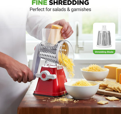 NutriChef 3 in 1 Cheese Grater & Shredder | Strong Suction Base, Rotary Handle with Safety Lock | Includes Hand Crank & 3 Drum Blades for 3 Textures, Fine, Medium & Strips | White