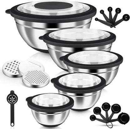HaWare Mixing Bowls, 24-Piece Stainless Steel Salad Serving Bowl with Airtight Clear Lids, Metal Nesting Bowl For Kitchen Cooking Prepping Storing with 3 Graters, 4.6/2.6/1.5/1/0.7 QT, Khaki