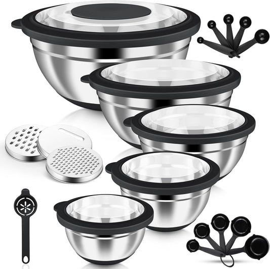 HaWare Mixing Bowls, 24-Piece Stainless Steel Salad Serving Bowl with Airtight Clear Lids, Metal Nesting Bowl For Kitchen Cooking Prepping Storing with 3 Graters, 4.6/2.6/1.5/1/0.7 QT, Khaki
