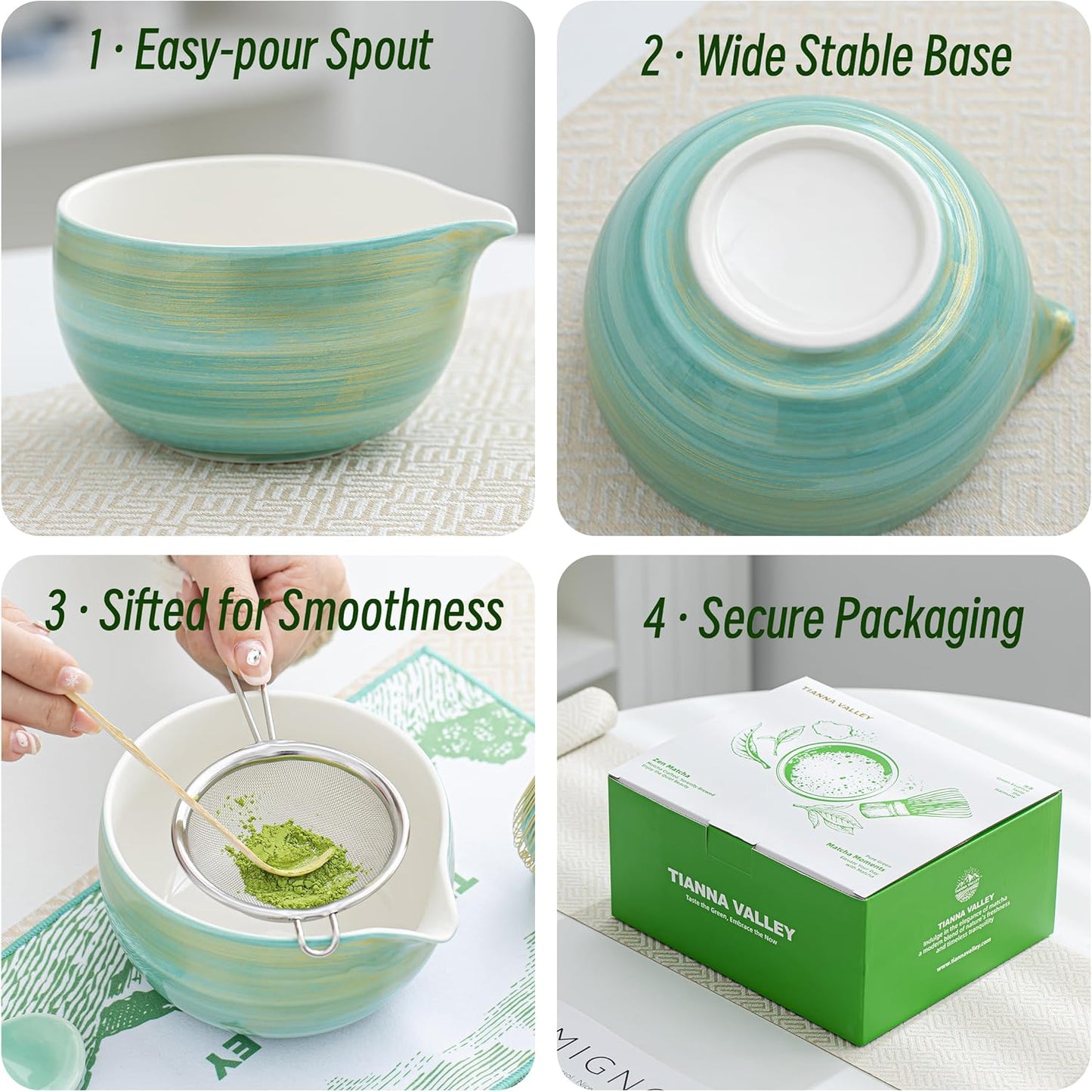 Matcha Whisk Set,7 Pcs Matcha Set Light Green,Matcha Kit for Ceremony,480Ml Ceramic Bowl(chawan) with Spout,Bamboo Whisk and Holder,Tradition Tea Set,Unique Gift