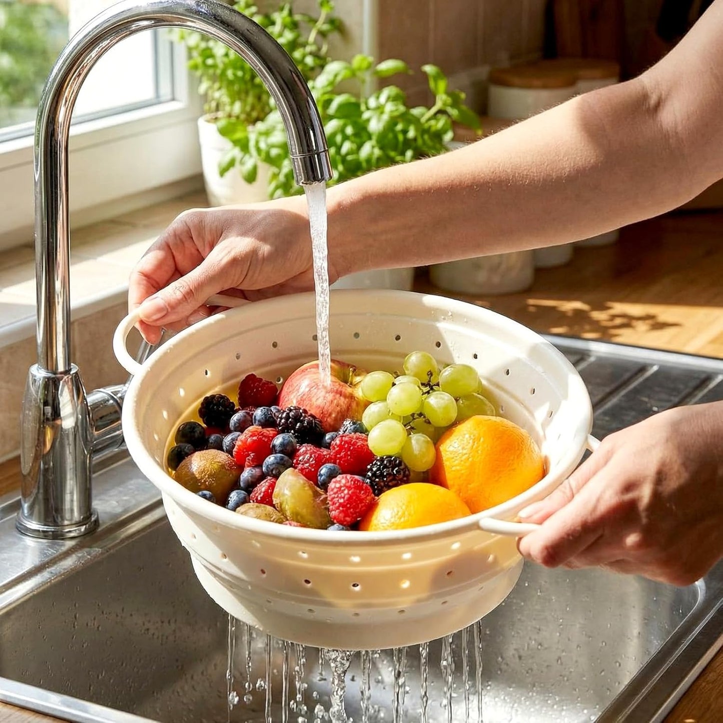 3 Pack Collapsible Colander with Strainer Bowl Set, 11 & 13 In BPA-Free Silicone Colanders for Kitchen, Heat-Resistant Space-Saving Strainer Dishwasher Safe Baskets for Vegetable Fruits(Grey)