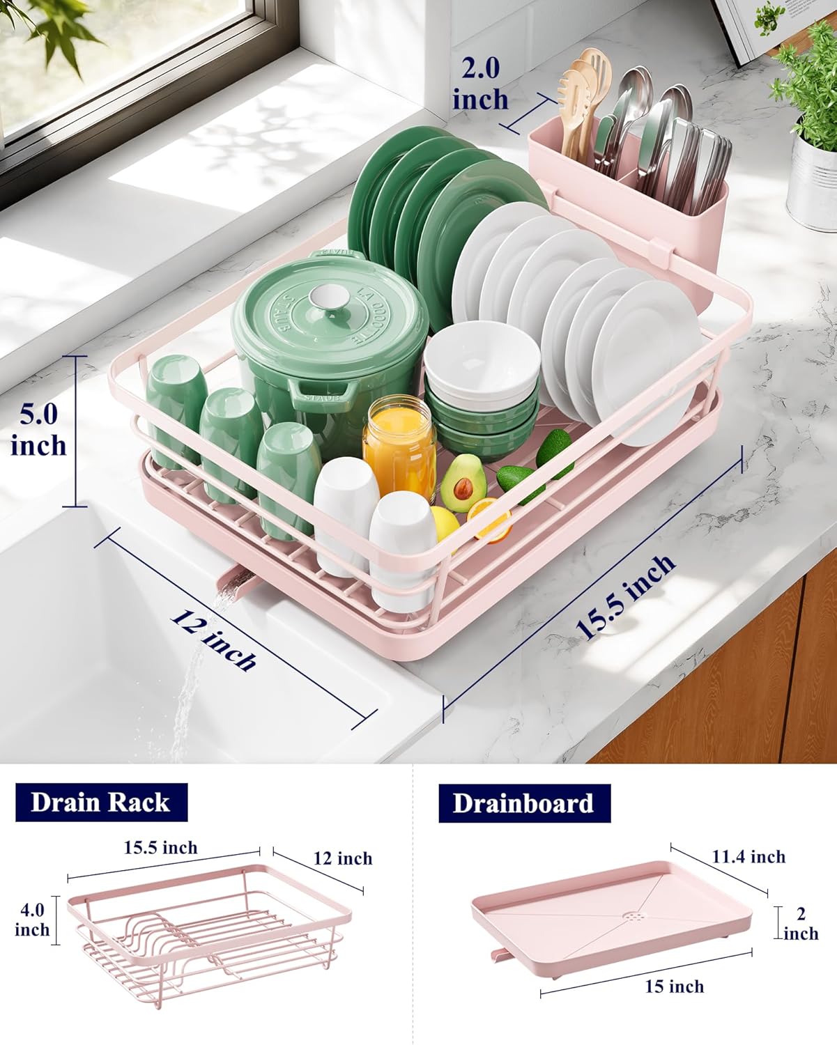 Kitsure Dish Drying Rack for Kitchen Counter, Stainless Steel Sink Organization and Storage Essentials with Cutlery Holder, Home and Appartment Decor, 12''W x 15.5''L, Black