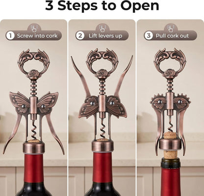Wine Opener, 3 in 1 Zinc Alloy Premium Wing Corkscrew Wine Bottle Opener with Multifunctional Bottles Opener and Serrated Foil Cutter for Wine and Beer (Black)