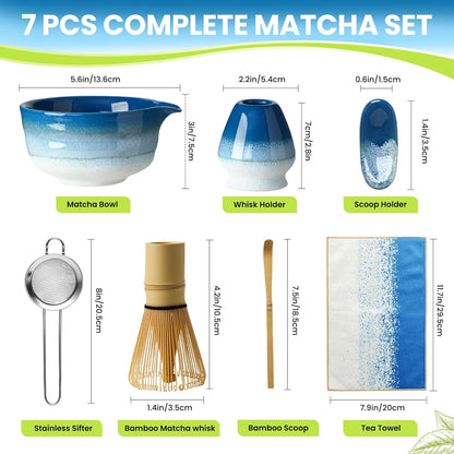 Matcha Whisk Set, Ceramic Matcha Kit Desert Style, Matcha Whisk and Bowl, Bamboo Scoop and Rest, Sifter and Tea Towel, 7 Pcs Gifts for Matcha Lover - Matte Black