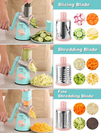 Geedel Rotary Cheese Grater, Kitchen Mandoline Vegetable Slicer with 3 Interchangeable Blades, Easy to Clean Grater for Fruit, Vegetables, Nuts