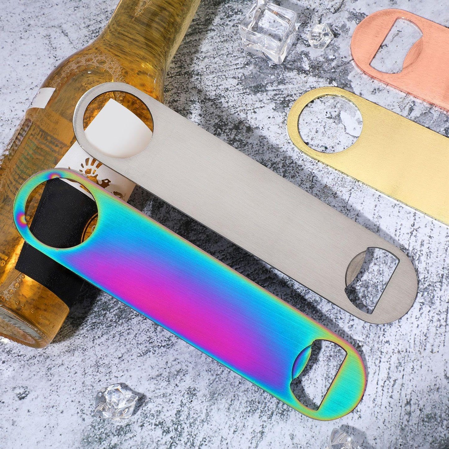 4 Pcs Heavy Duty Stainless Steel Flat Bottle Opener Bartender 7 Inch Solid Beer Opener for Bar Kitchen Wedding Birthday Party(Laser, Gradient Pink, Natural, Gold)