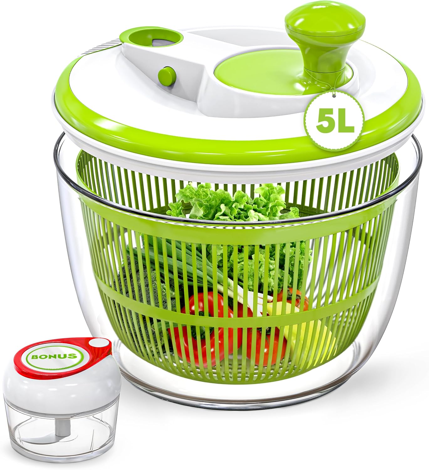 Salad Spinner, 5L Large Capacity Lettuce Washer with Easy Spin Mechanism, BPA-Free Vegetable Dryer for Kitchen.