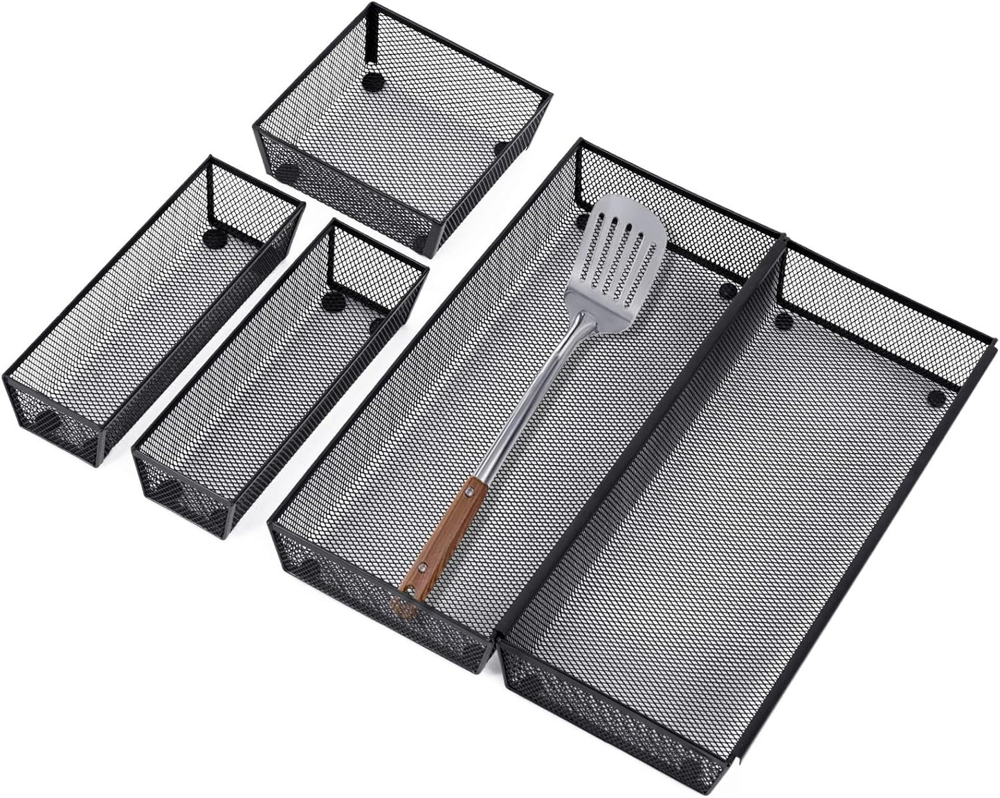 Neudeco Silverware Drawer Organizer - 5 Compartment Cutlery Tray with Non-Slip Feet, Mesh Wire Flatware Storage Divider for Kitchen, Bedroom, Living Room (Silver)