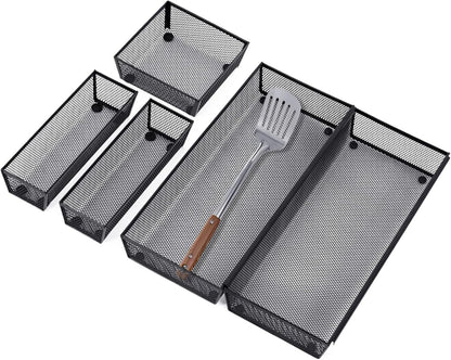 Neudeco Silverware Drawer Organizer - 5 Compartment Cutlery Tray with Non-Slip Feet, Mesh Wire Flatware Storage Divider for Kitchen, Bedroom, Living Room (Silver)