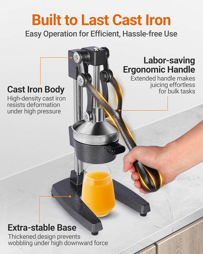 Heavy Duty Cast Iron Manual Juicer, Professional Citrus Press Squeezer for Orange, Pomegranate, Lemon & Lime, Commercial Hand Press Juicer with 304 Stainless Steel Cup