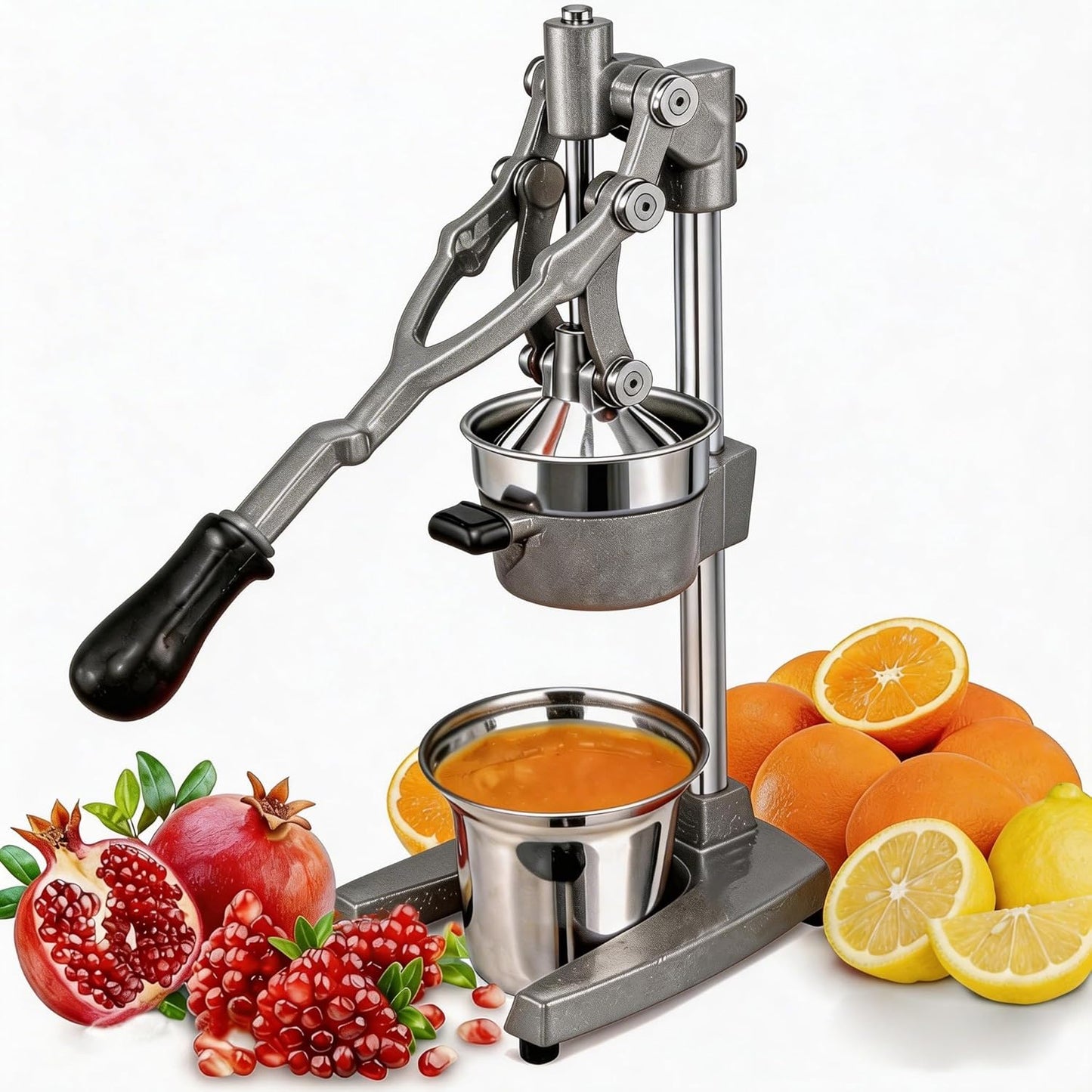 Commercial Heavy Duty Cast Iron Hand Press Manual Orange Citrus Lemon Lime Grapefruit Pomegranate Fruit Juice Squeezer Machine with Stainless Steel Cup
