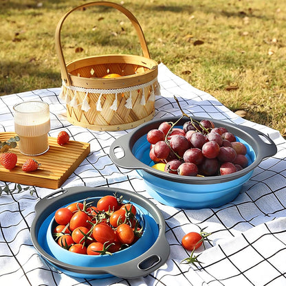 Collapsible Colander Set of 3, Space-Saving Foldable Strainer for Kitchen, 3 Sizes Food Strainer for Draining Pasta, Vegetable and Fruit, Kitchen Gadgets for Home Use and Outdoor Camping (Blue)