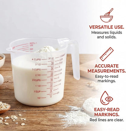 16 Pcs 4 Cup Capacity Plastic Measuring Cup, 32 Oz/1000 ml Clear Graduated Measuring Cups Plastic Mug with Spout and Handles Ounce and Ml Cup Marking for Recipe Ingredient, Flour, Water, Liquid