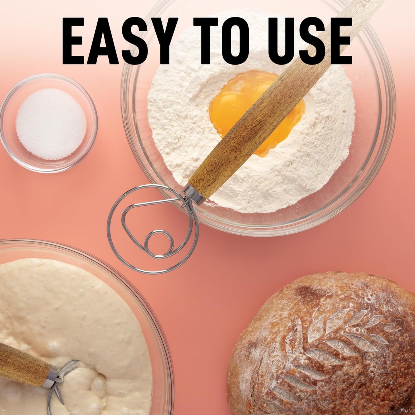 Zulay Kitchen 13-Inch Danish Dough Whisk - Stainless Steel Wooden Whisk with Dough Hook - Sourdough Whisk for Bread, Pizza, Pastry, Cake Batter & More - Wood