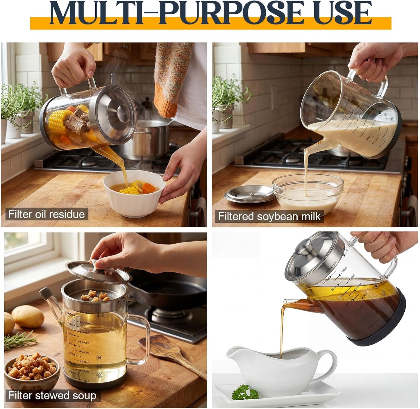 Didaey 6.25 Cups / 1.5L Glass Fat Separator Bacon Oil Container with Strainer 50 oz Separator for Kitchen Cooking Grease Strainer Frying Oil Storage Can Transparent Silicone Bottom and Stopper