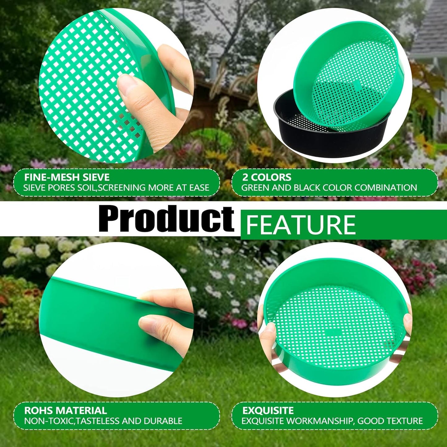 4 Pack Garden Soil Compost Sifter Round Plastic Sand Sieve, Sifting Pan Set for Gardening Home Plant Work with Small Rocks Gravel Sand