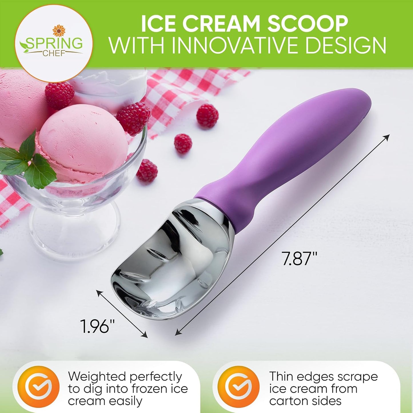 Spring Chef Heavy Duty Ice Cream Scoop with Comfortable Handle - Professional Ice Cream Scooper for Gelato, Sorbet, Cookie Dough, Melon, Frozen Yogurt - Dishwasher Safe Metal Kitchen Tool - Black