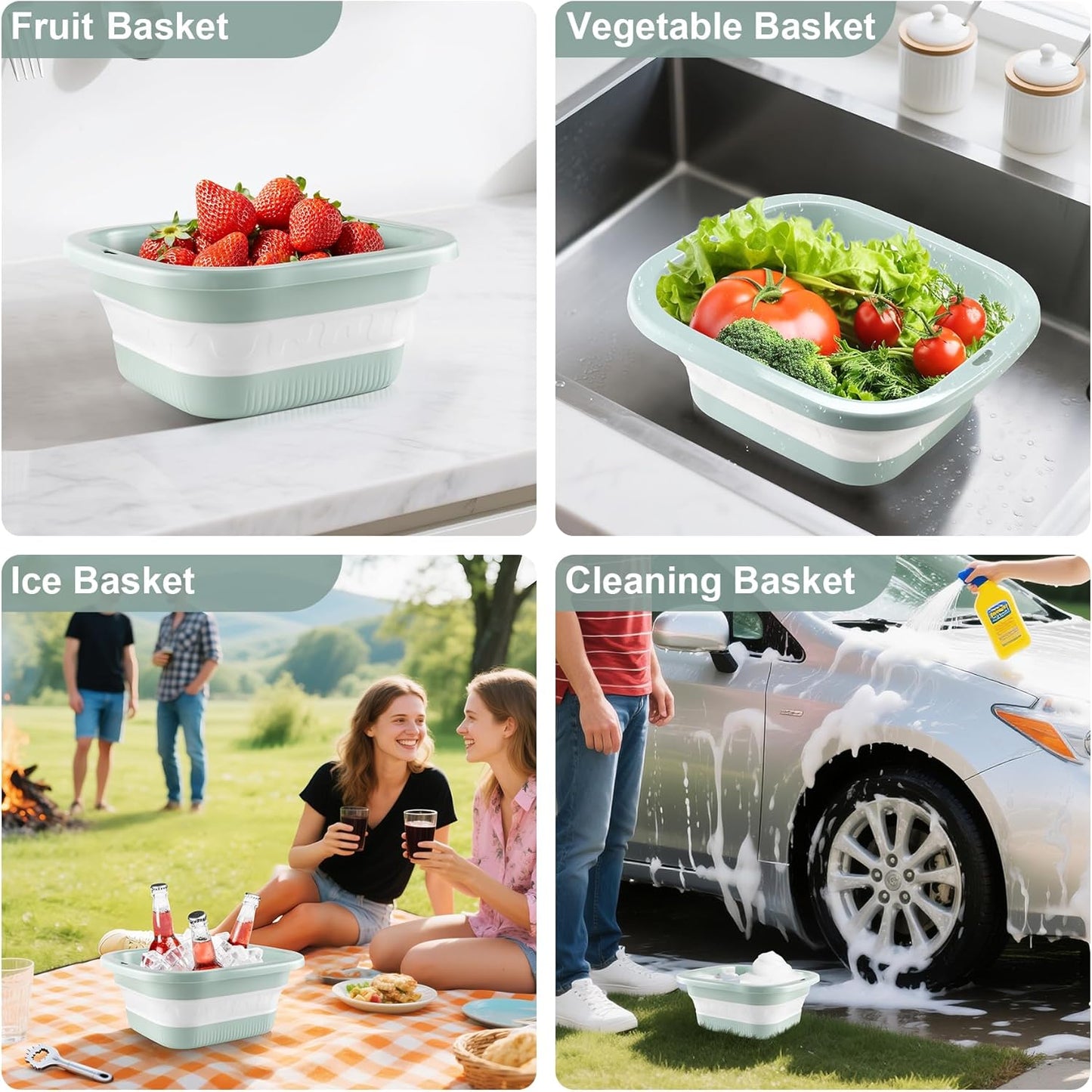 SINGARO 1.5 Gal (5.5L) Collapsible Dish Basin with Drain Basket Colanders, Multiuse Double-Layer Foldable Strainers Sink Tub, Collapsible Wash Basin Pan, Plastic Tubs, Dishpan, Kitchen Sink, Green