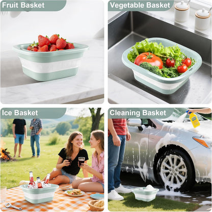 SINGARO 1.5 Gal (5.5L) Collapsible Dish Basin with Drain Basket Colanders, Multiuse Double-Layer Foldable Strainers Sink Tub, Collapsible Wash Basin Pan, Plastic Tubs, Dishpan, Kitchen Sink, Green