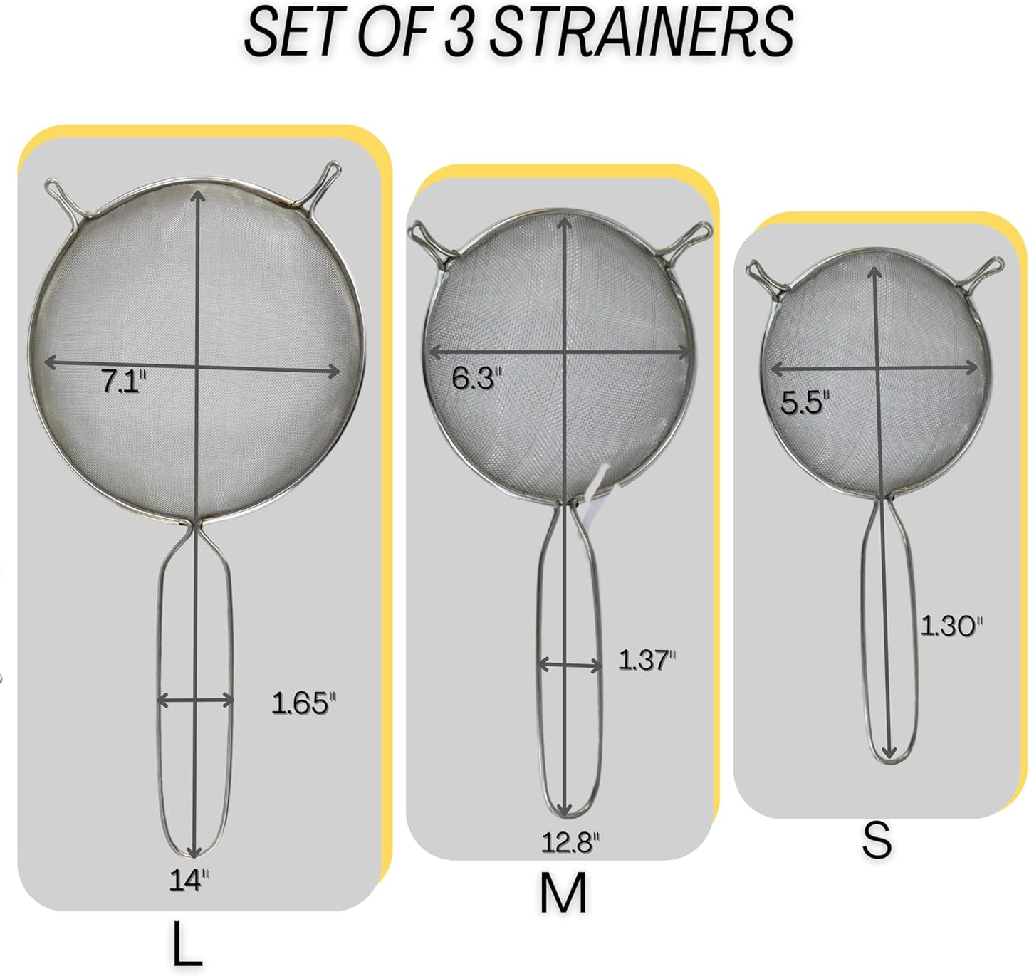 Mesh Strainers - Stainless Steel Fine Mesh Strainer Set of 3 with Handle - Colander-Skimmer Sieve Sifters for Kitchen Food - 5.5", 6.3", 7.1"