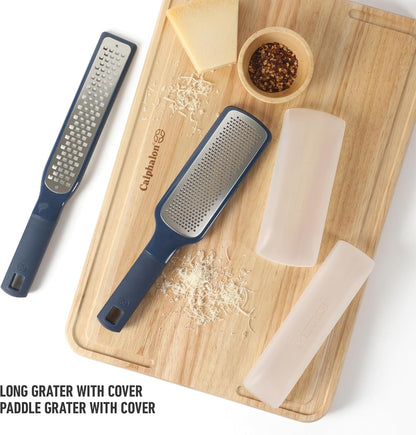 Calphalon Edge Stainless Steel Handheld Grater Lemon Zester W/Cover & Rubber Handle - Navy Blue