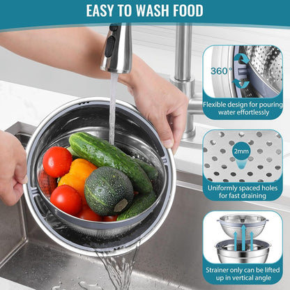 P&P CHEF 4-In-1 Stainless Steel Colander with Bowl Set, Rotatable Strainers for Kitchen, Fruit Cleaner, Washing Fruit & Draining Pasta, Mixing Bowl and Lid with Grater for Salad, Khaki