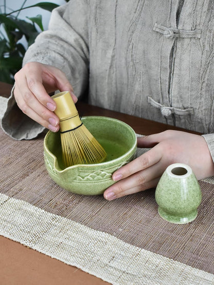 Artcome 4 Pcs Complete Matcha Ceremony Kit - Japanese Bowl With Pouring Spout, Whisk, Holder, Scoop - Tea Set for Making Usucha, Koicha and Latte (Green)