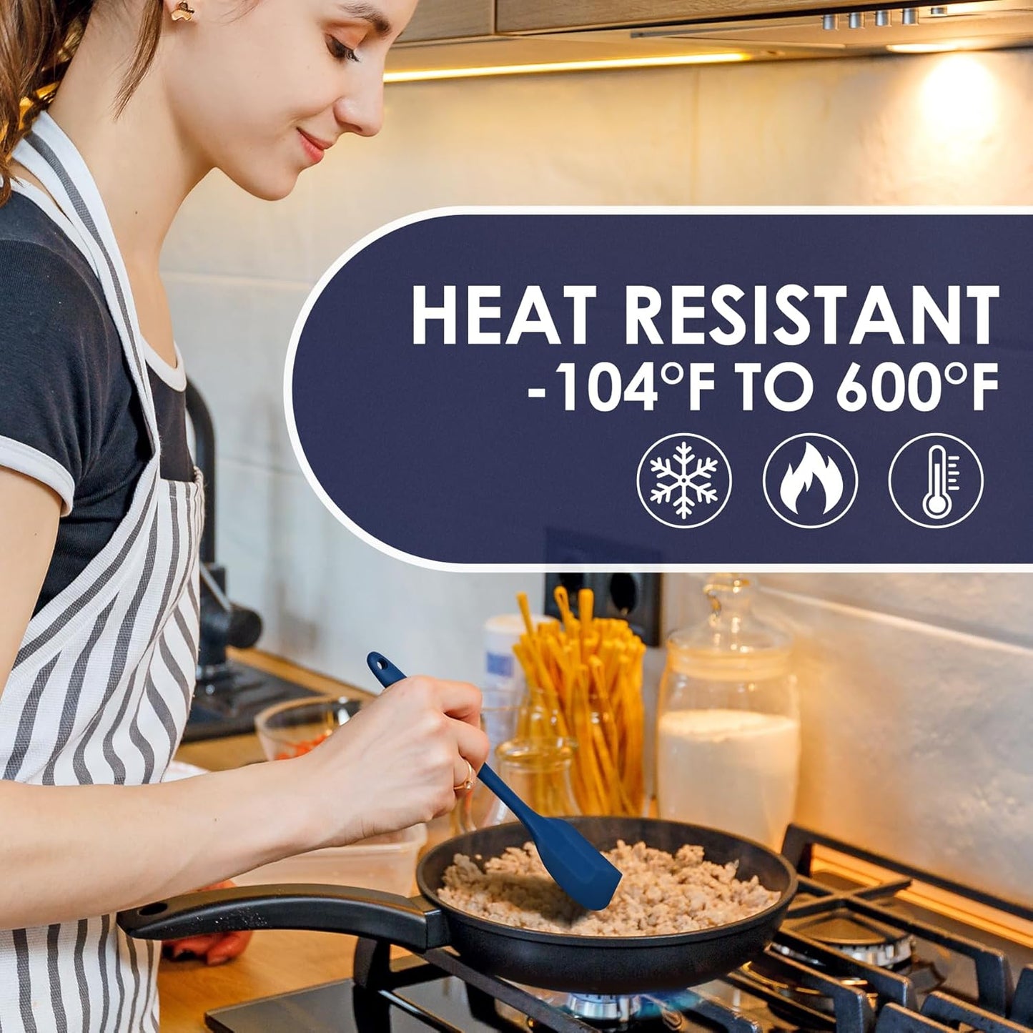 BPA Free Heat Resistant 600℉ Silicone Spatula, Turner Mixing Spatulas set Dishwasher Safe for Nonstick Cookware, Classic Blue