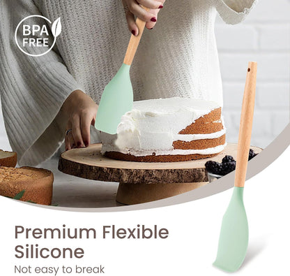 26 Pcs Silicone Cooking Utensils Set with Holder, NCUE BPA Free Kitchen Utensils Set for Cooking, 446°F Spatulas Silicone Heat Resistant Wooden Handle Spoon Tongs Non-stick Kitchen Gadgets (Khaki)
