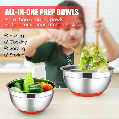 E-far Stainless Steel Mixing Bowls with Lids Set, 5-Piece Nesting Salad Bowls with 3 Grater Attachments and Non-Slip Bottoms, Size 4.6, 2.6, 2, 1.5, 1QT for Kitchen (Black)