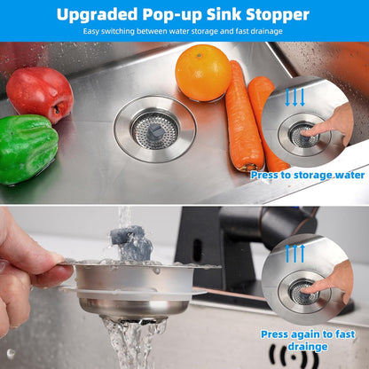 Hibbent Upgraded 3 in 1 Kitchen Sink Drain Strainer and Stopper Combo, Stainless Steel Metal Pop Up Sink Stopper, Anti-Clogging Basket with Foldable Handle for US Standard 3-1/2 Inch Drain