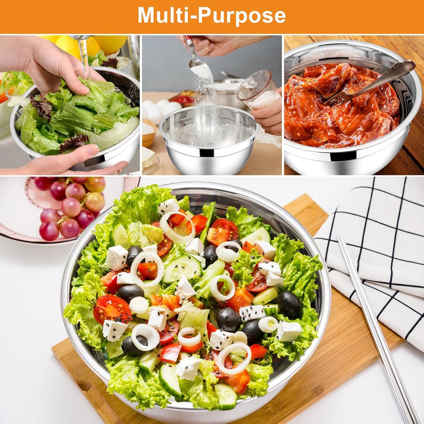 E-far Mixing Bowls with Lids, 6-Piece Stainless Steel Salad Bowls Metal Nesting Bowls for Baking Cooking and Prepping, Airtight Lids & Stackable Design, Size 4.5, 3, 1.5 QT (Black)
