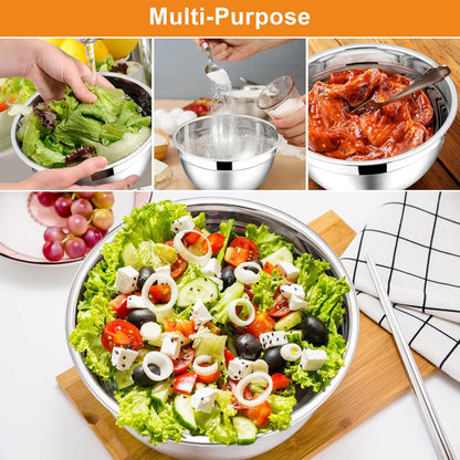 E-far Mixing Bowls with Lids, 6-Piece Stainless Steel Salad Bowls Metal Nesting Bowls for Baking Cooking and Prepping, Airtight Lids & Stackable Design, Size 4.5, 3, 1.5 QT (Black)