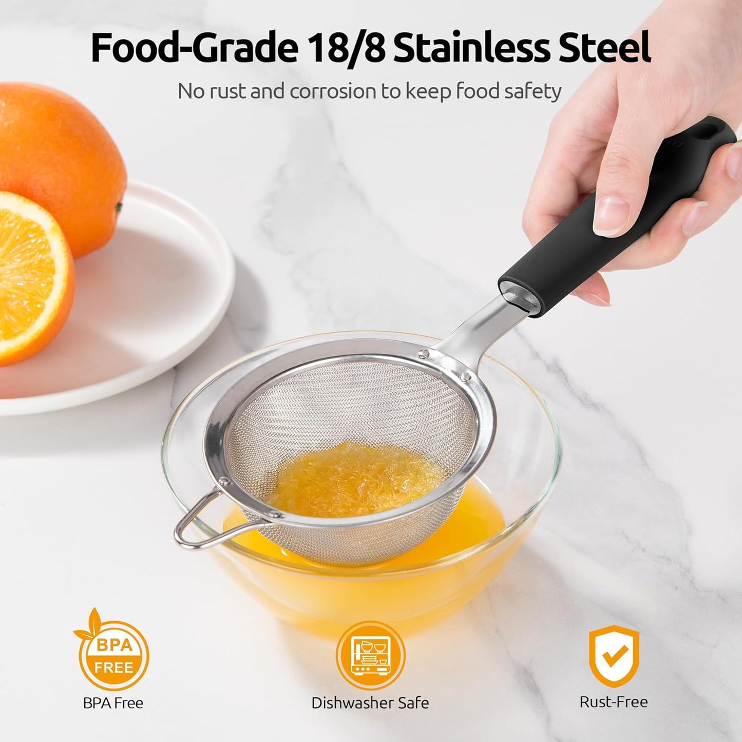 U-Taste Medium Fine Mesh Strainer: 18/8 Stainless Steel 4.73in 30 Mesh Kitchen Food Sieve with Sturdy Riveted Silicone Handle, Heavy Duty Deep Handheld Metal Colander for Rice, Quinoa, Flour (Black)