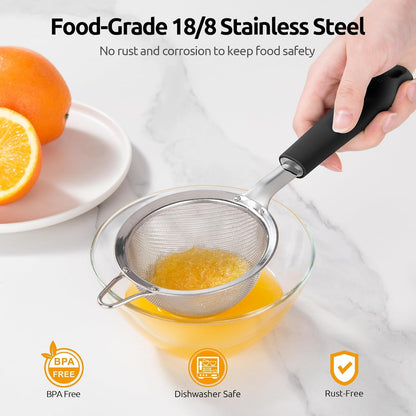 U-Taste Medium Fine Mesh Strainer: 18/8 Stainless Steel 4.73in 30 Mesh Kitchen Food Sieve with Sturdy Riveted Silicone Handle, Heavy Duty Deep Handheld Metal Colander for Rice, Quinoa, Flour (Black)
