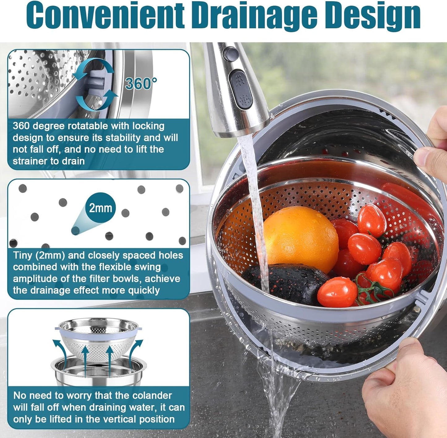 TeamFar Mixing Bowls with Colander Set, Stainless Steel Strainer and Nesting Salad Bowls, with Lids & 3 Graters, Non-Slip Bottom & Visible Lid, Rotatable & Dishwasher Safe, 4.6/3/1.5 QT, Khaki