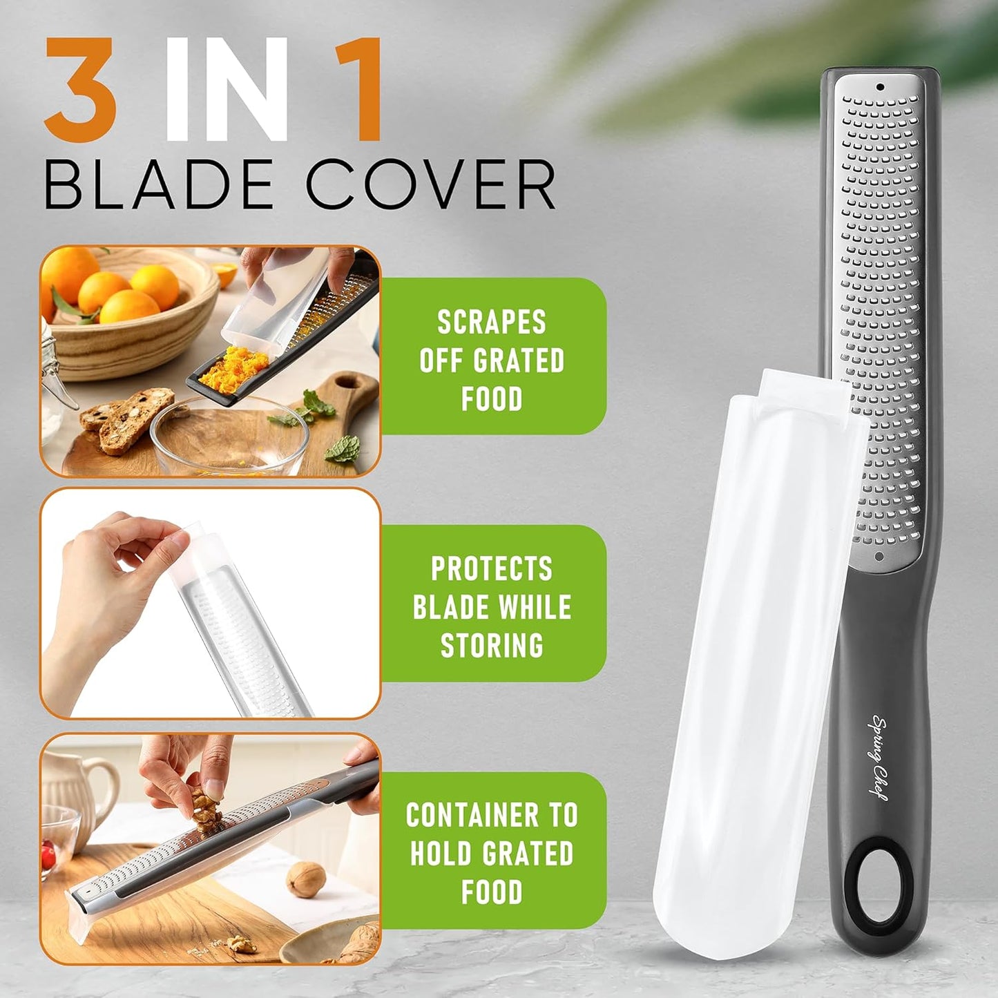 Spring Chef Premium Lemon Zester Grater with Handle - Fruits, Garlic, Chocolate, Nutmeg, Ginger Grater - Heavy Duty Kitchen Tool - Stainless Steel Citrus Zester with Blade Cover - Fine Shred, Black