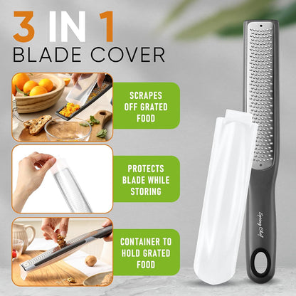 Spring Chef Premium Lemon Zester Grater with Handle - Fruits, Garlic, Chocolate, Nutmeg, Ginger Grater - Heavy Duty Kitchen Tool - Stainless Steel Citrus Zester with Blade Cover - Fine Shred, Black