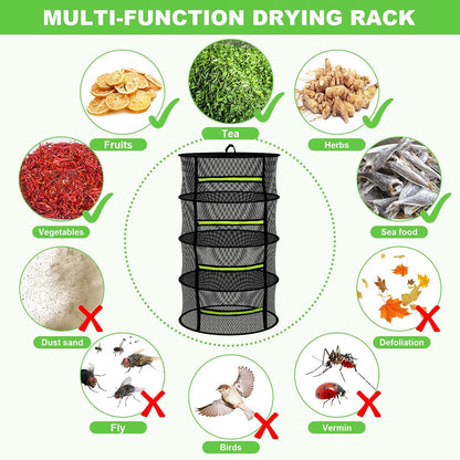 MEKOLIFE Herb Drying Rack Hanging-8 Layer, Collapsible Large Capacity Mesh Net with Green Zipper, Hooks & Bonus Garden Scissors, for Fresh Herbs/Flowers/Plants, Indoor Outdoor Use (23.62")