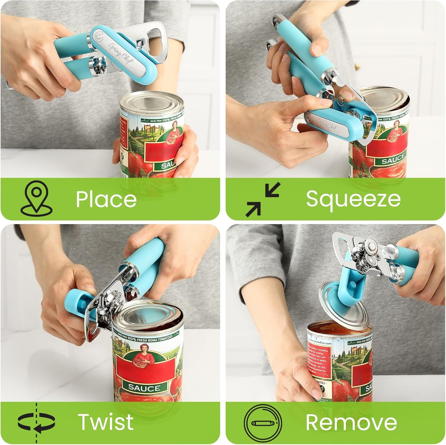 Spring Chef Stainless Steel Can Opener - Manual with Soft Grip Handles, Easy Turn, Heavy Duty Hand Can Openers for Seniors with Smooth Edge - Magnetic Lid Remover - Black