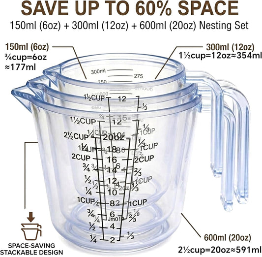 Measuring Cups Set, 3PCS with Pour Spout & Handle, Multi-Scale (cup | oz | ml) Stackable Liquid & Dry Plastic Measuring Tools for Baking Cooking, Essential Kitchen Gadgets (Coffee Brown)