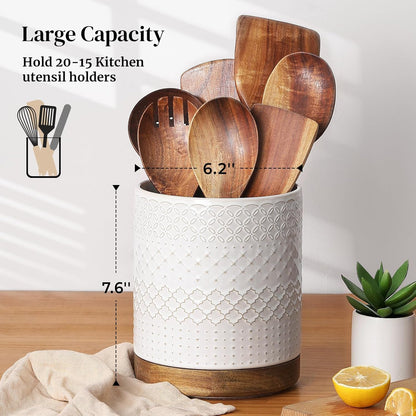 DOWAN 360° Rotating Extra Large Cooking Utensil Holder, 7.6" Kitchen Utensil Holder for Countertop, Utensil Crock for Farmhouse Kitchen Decor, Ceramic Stable Utensil Caddy, Blue