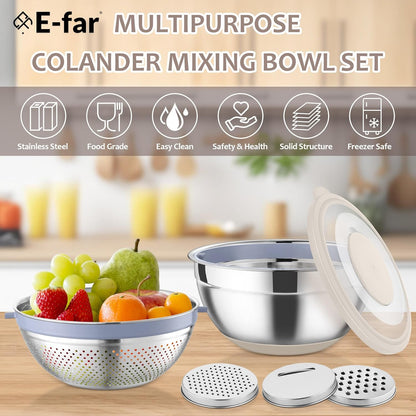E-far Colander with Mixing Bowl Set, 4-1 Stainless Steel Colander Strainers Bowl with Graters for Kitchen, Rotatable Food Strainer Bowl for Rinsing Fruits Vegetables/Draining Pasta - Blue