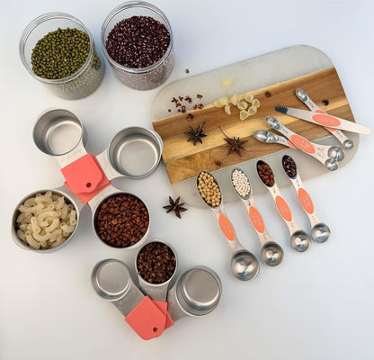 Stainless steel 304 measuring cup and spoon magnetic silicone handle, girl pink, 15-piece set, measuring tools, 7 stainless steel measuring cups, 8 double-sided measuring spoons with scales